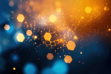 Abstract futuristic background with hexagonal patterns and glowing lights on a dark blue and orange color scheme
