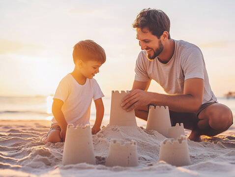 Father and son joyfully building sandcastles on the beach at sunset