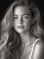 Fototapeta premium Portrait of a woman with long, wavy hair and soft lighting, wearing a dark top against a dark background.