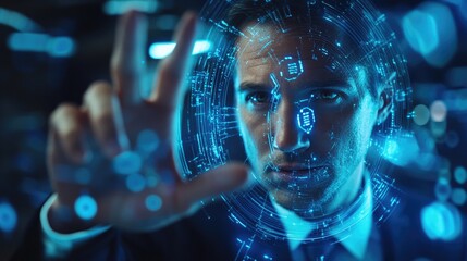 Futuristic Interface, Man Interacting with Holographic Technology