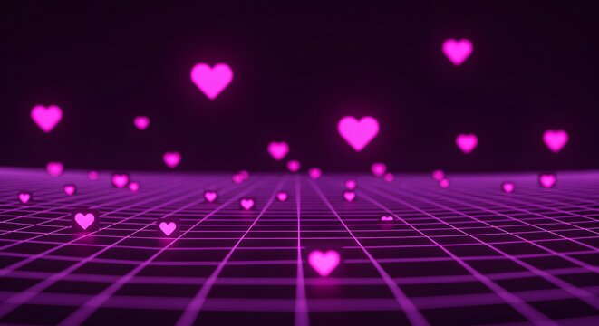 Glowing pink hearts falling on a dark grid background abstract digital love romance valentine design