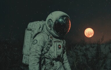 Astronaut on alien planet, gazing at large red moon.