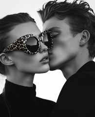 black and white photo of couple wearing trendy sunglasses who kiss each other	