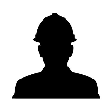 recommend clip art: a silhouette of a construction worker wearing a safety helmet. The worker represents strength, safety and industrial professions, vector illustration