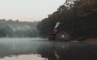 Fototapeta premium Misty morning view of a lakeside log cabin with smoke rising from its chimney.