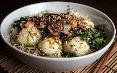 Soba noodles with soft boiled eggs, greens, and teriyaki-glazed tofu in a white bowl.
