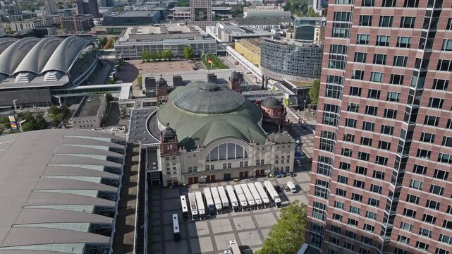 Aerial Drone View of Festhalle Messe Frankfurt, Germany, Iconic Event Venue and Modern Cityscape .