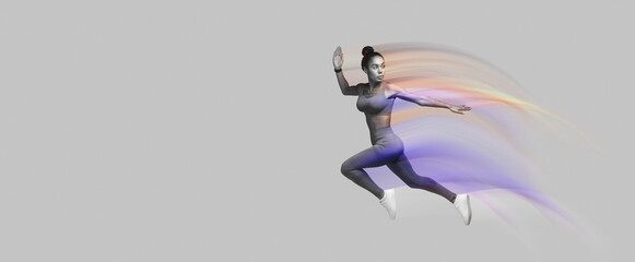 Athlete african american lady in sportswear jumping while having cardio workout on pink studio background, full length, copy space. Sport and modern fitness routine concept