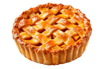 Golden brown lattice-topped apple pie isolated on a transparent background. Classic homemade dessert with a flaky crust and glossy caramelized surface.