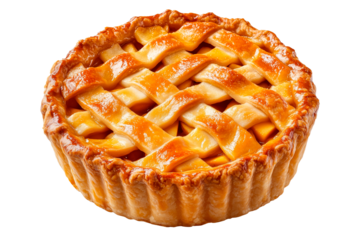 Golden brown lattice-topped apple pie isolated on a transparent background. Classic homemade dessert with a flaky crust and glossy caramelized surface.