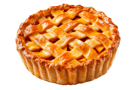 Golden brown lattice-topped apple pie isolated on a transparent background. Classic homemade dessert with a flaky crust and glossy caramelized surface.