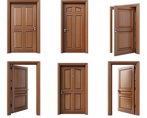 Six Brown Wooden Doors in Various Open and Closed Positions on Transparent Background, PNG