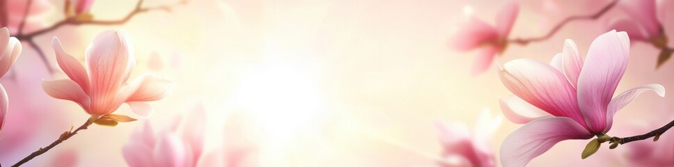 Fototapeta premium Beautiful blooming magnolia flowers in spring on a blurred pastel background with copy space