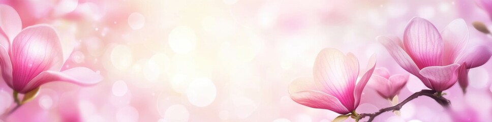 Fototapeta premium Beautiful blooming magnolia flowers in spring on a blurred pastel background with copy space