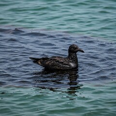 Fototapeta premium A bird dirty with oil on the shore of the oil-polluted sea