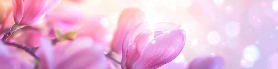 Fototapeta premium Beautiful blooming magnolia flowers in spring on a blurred pastel background with copy space
