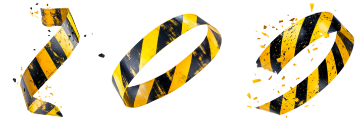 Worn black and yellow striped caution ring isolated on a transparent background. Industrial safety warning loop with a distressed texture.