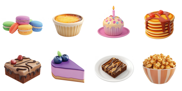 Dessert transparent collection set in png no background for plasticine snack decoration.