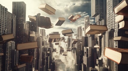Obraz premium Books levitating in the city, Knowledge is power, The power of knowledge