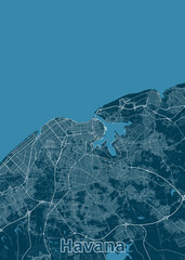 The image showcases a detailed map of Havana, Cuba, rendered in a minimalist style. The city's layout is depicted with white lines representing streets and roads