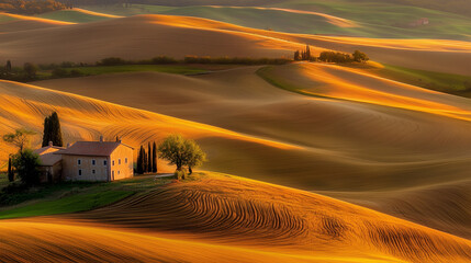 Bucolic countryside plateau with rolling hills and golden fields