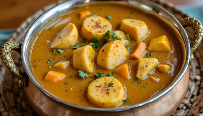 Delicious curry with sweet potatoes and spices in metal bowl