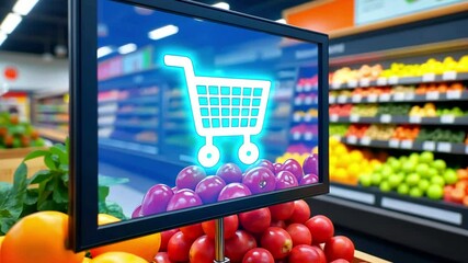 Digital Display with Neon Shopping Cart in Modern Supermarket