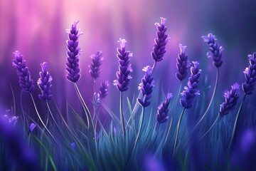 Naklejka premium Vibrant Purple Lavender Flowers Soft Sunset Background