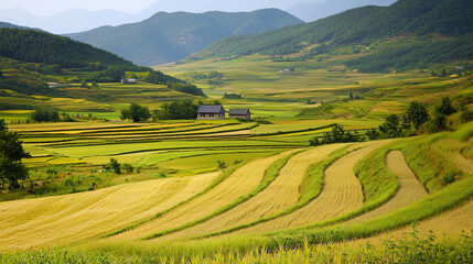 Fototapeta premium Peaceful rural landscape with golden fields and green hills