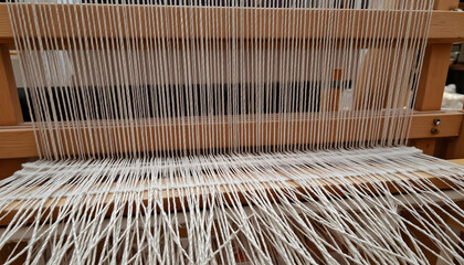Weaving loom with white threads creating textile pattern