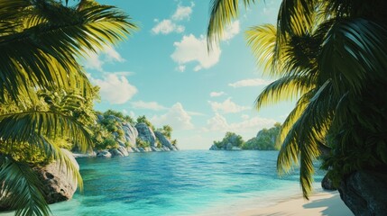 Obraz premium Tranquil tropical beach paradise with palm trees and crystal waters