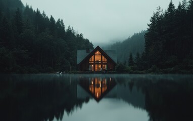 Fototapeta premium Illuminated lake house nestled in misty forest at dawn.