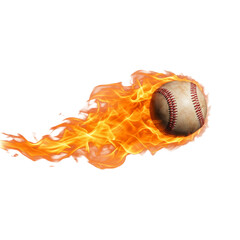 Flying baseball on fire. A baseball engulfed in red flames, isolated on transparent, Cutout 