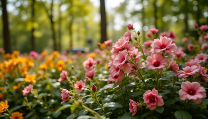 Obraz premium Beautiful pink and orange flowers blooming in vibrant garden setting
