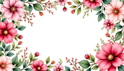 Fototapeta premium Floral border design featuring pink and red flowers with green leaves
