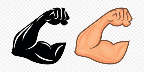 Strong Arm Flexing Bicep Muscle Icon Set. Bold Fitness Gym Logo With Flexed Arm. Power Muscle Illustration For Sports Branding, Flexing Arm Silhouette, Strength Design Template