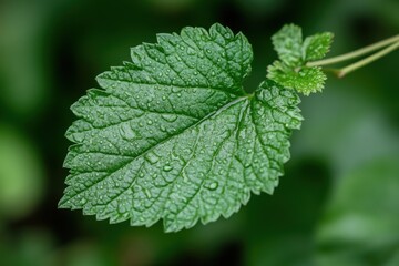 Close-up of a green leaf with water droplets, a natural background