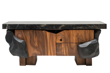 Unique mid-century modern sideboard with vibrant orange and gray design featuring wood textures and flowing lines