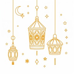 Golden Lanterns of Celebration: Artistic illustration featuring intricately designed golden lanterns, suspended amongst delicate stars and a crescent moon. Embodying cultural richness, tranquility.