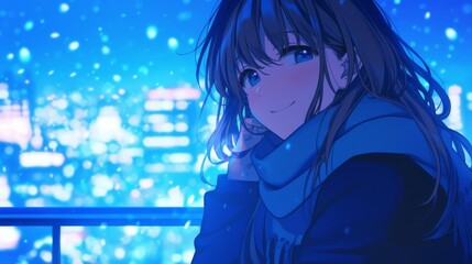  Smiling anime girl with long hair wearing a blue outfit and scarf, looking at the camera against a snowy winter city night view.