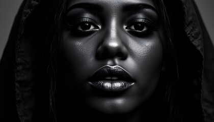 striking black and white portrait of woman with hood, showcasing her intense gaze and smooth