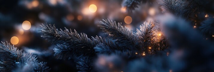 Close-up of snowy pine tree branches with bokeh lights in the background, creating an enchanting winter scene