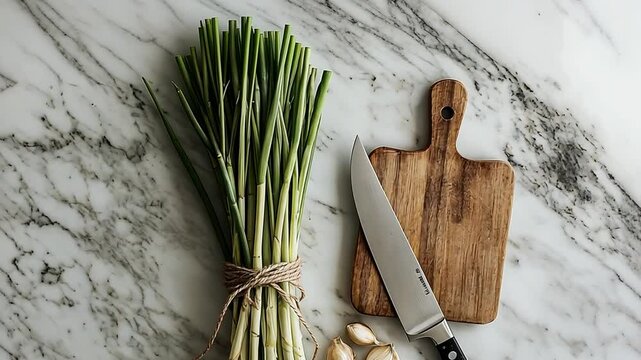 Culinary Still Life: Green Onions, Garlic, and Knife