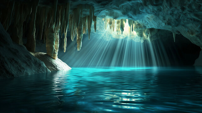 Mysterious underground cave with glistening walls and stalactites