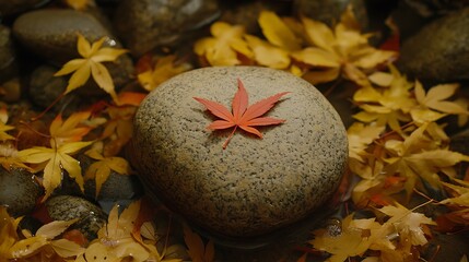 Autumnal stone, fallen leaf, serene streambed