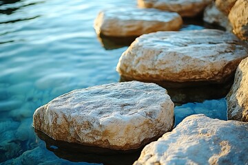Rocks stepping into water's edge, sunny