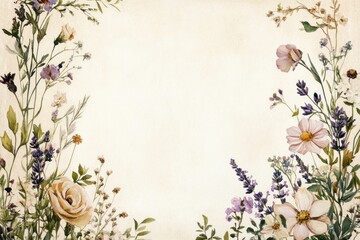 Floral frame border of pastel flowers and herbs on aged paper.