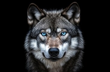 Fototapeta premium Majestic grey wolf portrait, intense stare, black background, wildlife photography, nature