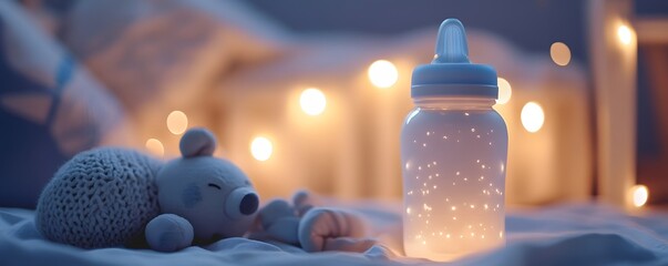A tranquil nighttime scene featuring a softly glowing baby bottle beside a plush teddy bear, creating a warm atmosphere perfect for a nursery or bedtime setting.