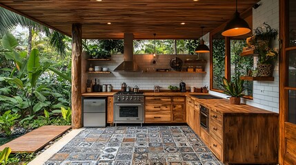 Obraz premium Modern outdoor kitchen with wooden cabinets and tile floor, tropical setting